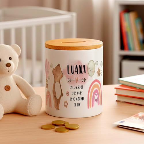 Yuweli Bär Geburts-Daten Kinder-Spardose für Mädchen, pink, personalisiert zur Einschulung, Taufe, Geburtstag, Sparschwein, Geldgeschenk, Kinderspardose
