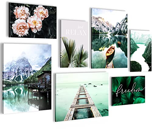 Novart Wandbilder See Berge - KOMPLETT AUFHÄNGFERTIG - Natur Wohnzimmer Schlafzimmer - 7 Moderne Mood-Bilder - N018471a