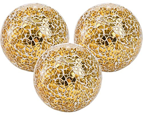 TOPZEA 3 Pack 4 Inch Gold Mosaic Glass Orbs, Decorative Balls Mosaic Spheres for Vase Fillers, Dinning & Coffee Table Centerpieces, Bowl Decor, Home & Christmas Decorations