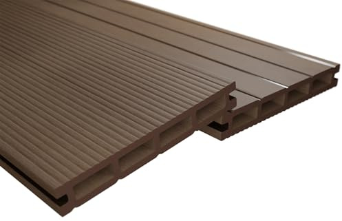 WPC Terrassendielen Komplettset 2m² in Braun - Bodenfliesen + Unterkonstruktion & komplettem Zubehör - Bodenbelag wetterfest + pflegeleicht + rutschfest - Länge: 220 cm