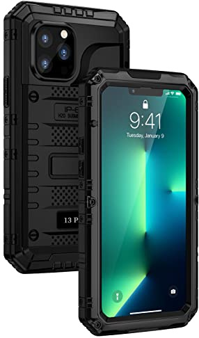 seacosmo iPhone 13 Pro skal, IP68 vattentätt, militärklass stötsäkert mobilskal med inbyggt skärmskydd och kameraskydd, 360° fullt skydd metallskal för iPhone 13 Pro, svart