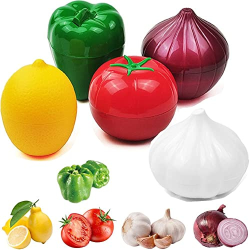 OUKEYI 5 recipientes de almacenamiento reutilizables para frutas y verduras, caja de almacenamiento para refrigerador, cuencos de almacenamiento para pimienta verde, cebolla, tomate, limón y ajo,