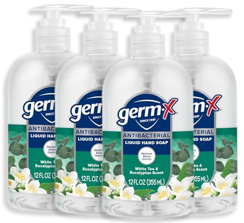 Germ-X Antibacterial Hand Soap, 12 Oz (Pack 4), Moisturizing Liquid Hand Wash for Kitchen or Bathroom, pH Balanced & Dermatologist Tested, White Tea & Eucalyptus Scent, Pump Bottle