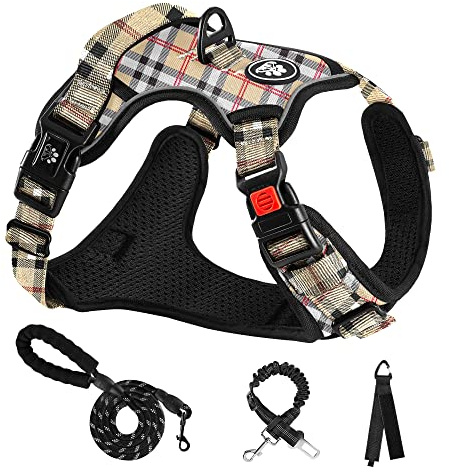 NESTROAD Hundegeschirr für große Hunde Größe L Kariert Beige | Set aus gepolstertem Anti-Zug-Brustgeschirr, Hundeleine und Autosicherheitsgurt, Halsumfang 38–48 cm, Brustumfang 48–74 cm