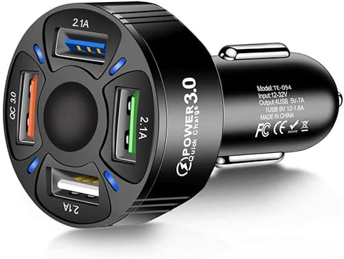 Cargador Coche USB QC3.0+ 2.1A, 4 USB Puertos Cargador Coche Rapido, Cargador Movil Coche Compatible con iOS, Samsung, Huawei, Xiaomi