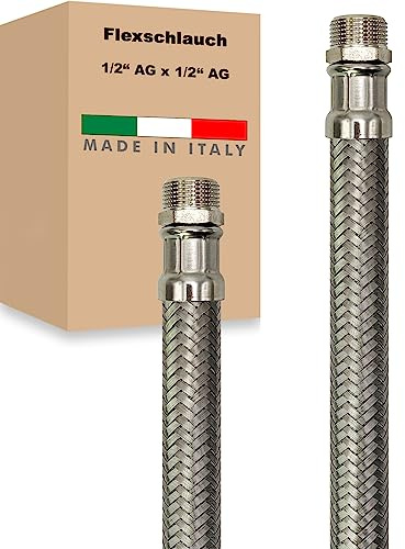 Flexschlauch AG x AG Edelstahl Panzerschlauch Anschlußschlauch Sanitär Armaturenschlauch Hauswasserwerk Made in Italy (1/2 x 1/2 - 1200 mm)