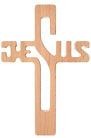 Drewniane Krzyże Hängendes Kreuz aus Buchenholz Hängekreuz Aufschrift JESUS Modern Holzkreuz Glatte Oberfläche (Naturholz, 30x20x1,8cm)