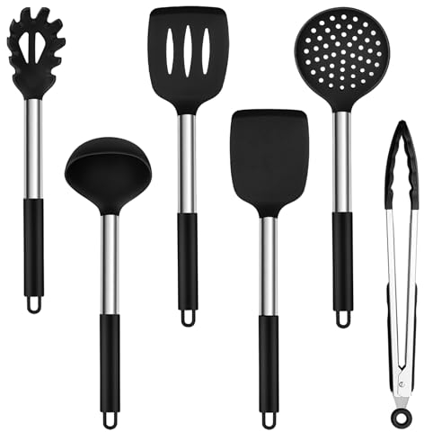 TEAMFAR Küchenhelfer Set, 6 Stück Silikon Küchenutensilien Pfannenwender mit Edelstahlgriff, Hitzebeständiger Antihaft Kochbesteck Küchenset zum Kochen, Leicht zu Reinigen & Spülmaschinenfest, Schwarz