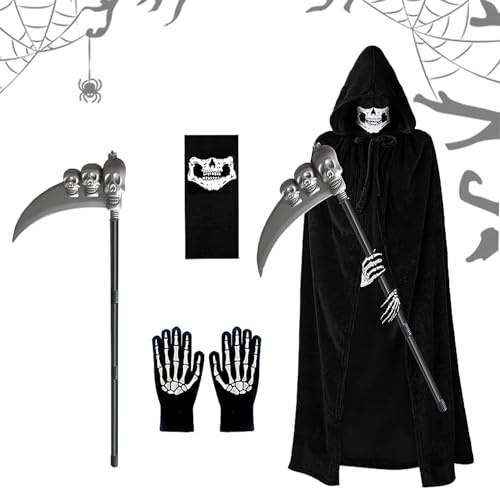 Costume de moissonneuse pour adulte, cape noire Grim Reaper, masque, gants, Halloween, Cosplay, Carnaval, Fêtes