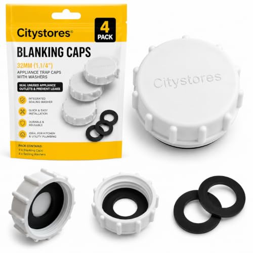 Citystores® 4 Pack Blanking Caps 32mm – 1.1/4 White Appliance Trap Caps with Washers – Waste Pipe End Stops for Kitchen Sink Plumbing & Washing Machine Outlets