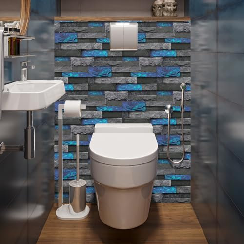 Alwayspon 12Pcs 30x15cm Peel&Stick Wall Sticker Vinly Wallpaper, Waterproof Backsplash for Kitchen Bathroom, Self-Adhesive Tile Transfers Decal Stick on Tiles with Blue Stone Brick Effect