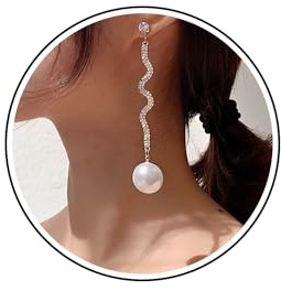 Wendalern Boucles d'oreilles longues en perles Taseel en cristal strass pendantes linéaires avec grosse perle CZ courbe boucles d'oreilles bijoux pour femmes et filles