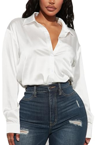 Navneet Blusa Donna in Raso Elegante Camicetta Camicia di Seta Bluse Scollo V Blusa Maniche Lunghe Button Down Tinta Unita Tops Bianca XL
