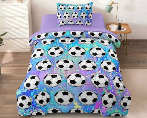 Leaflin 4 Piece Girls Soccer Bedding Set Twin Size Colorful Soccer Comforter Set for Teen Girls Kids Bed in a Bag Set with Sheets Twin Bed Sets for Teenage