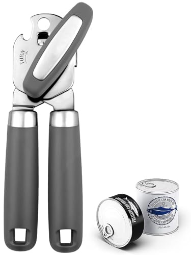 Abrelatas profesional, 3 en 1, multifuncional, manual, abrebotellas, acero inoxidable duradero, resistente, borde liso para cocina, apto para personas mayores (7D-gris)