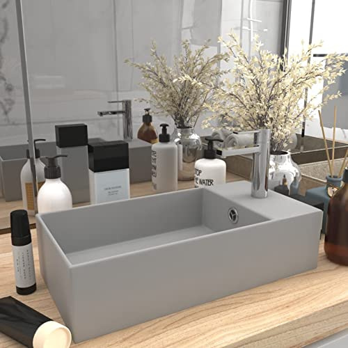 ZEYUAN Badezimmer-Waschbecken mit Überlauf, Aufsatzwaschbecken, Bathroom Sink, Waschtisch, Ablaufgarnitur, Aufsatzbecken, Keramik Hellgrau