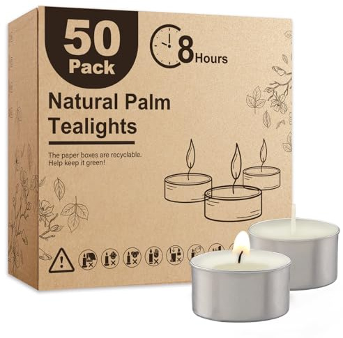 Ashlux Lot de 50 Bougie Chauffe Plat Blanches, 8 heures de combustion, Cire de Palme Pure, Sans Parfum, Pour Mariages, Centres de Table, Fêtes et Urgences