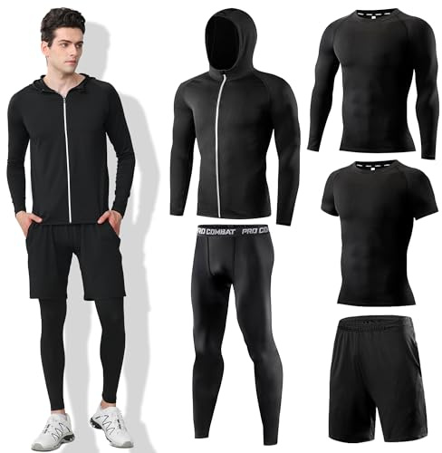 DMVOD Uomo 5 Pezzi Set di Compressione ad Asciugatura Rapida Top Accessori Abbigliamento Attrezzatura per Allenamento Palestra Atletica Corsa Sport Black-L