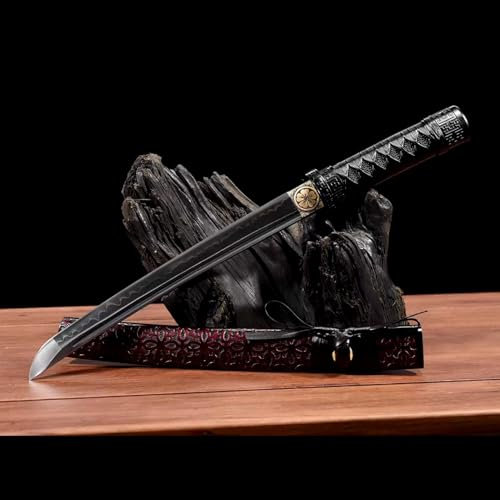 KWXPW Samurai-Schwert mit T10-Stahl Klinge,Scheide aus massivem Holz mit handgraviertem Muster,kurzes Katana für Kampfsport,Cosplay,Dekoration,Geschenke,Kendo,Selbstverteidigung,Ausstellung,Sammeln