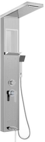 FIVMEN Pannello doccia con colonna doccia in acciaio inox, 5 funzioni, doccia a pioggia a cascata, getti massaggianti, doccetta per vasca e doccia, set completo, colore: argento