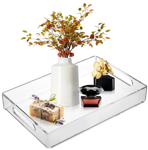 MYFULLY Plateau de service décoratif en acrylique transparent de 20,3 x 30,5 cm avec poignées et trous de drainage, pour cuisine, comptoir, salle de bain, idéal pour organiser les fruits et les