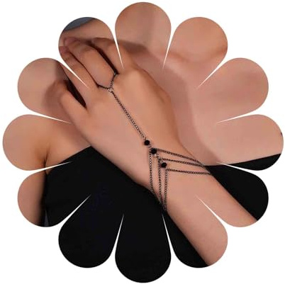 Aneneiceera Vintage Schwarzes Fingerarmband Schwarzer Kristallring Handgelenkarmband Schwarzer Cz Ring Kettenarmband Gothic Sklavenkettenarmband Handkettenschmuck Für Frauen