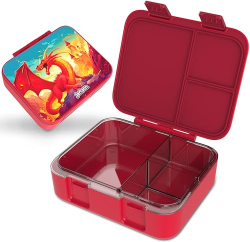 Jarlson® Brotdose Kinder mit Fächern MILI [AUSLAUFSICHER] - Bento Lunchbox für Schule, Kita & Kindergarten - Frühstücksbox mit Trennfächern - Jausenbox für Jungen & Mädchen - Vesperbox (Drache Rot)