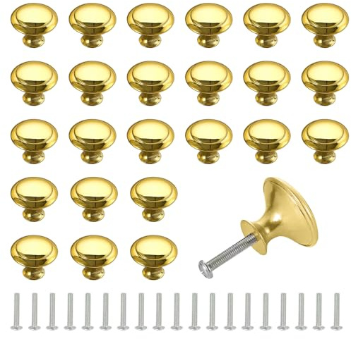 oupados Lot de 25 boutons de tiroir ronds de 30 mm - Boutons de meuble dorés - Avec vis - Convient pour les poignées de meubles de cuisine