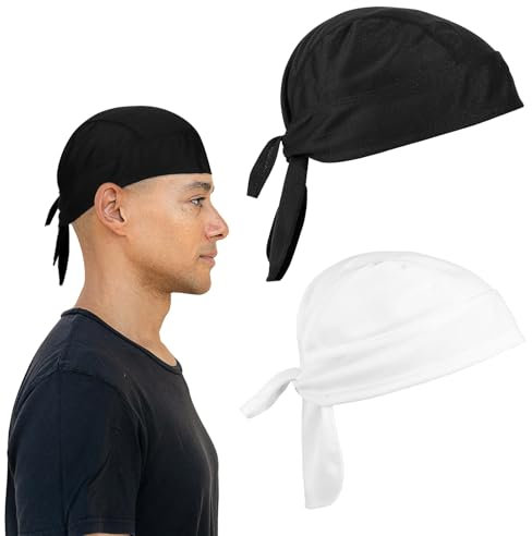 JJUNW 2 Stück Sport Bandana Mütze, Schweißableitender Kopfwickel Atmungsaktiv Einstellbar Fahrrad Kopfbedeckung Quick-Dry Pirat Kopftuch Verstellbares Kopftuch für Herrem Damen(Schwarz+Weiß)