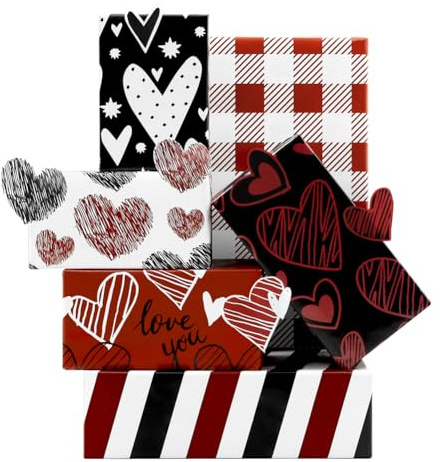 Geschenkpapier Valentinstag 6 Blätter,Rot Schwarz Weiß Geschenkpapier Liebe Herzen 6 Designs,Geschenkpapier Hochzeit 27 x 20 Zoll für Valentinstag Jahrestag Geburtstag Süßen Urlaub Party