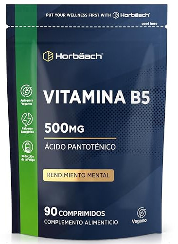 Vitamine B5 Acide Pantothénique 500mg | 90 Comprimés Vegan | Complemént Alimentaire Hautement Dosé | Pantothenic Acid Supplement | par Horbaach