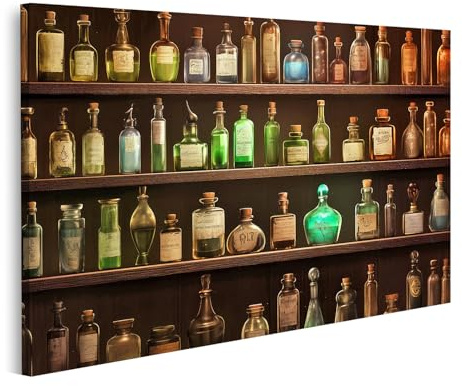 islandburner Bild auf Leinwand Alte Apothekerflaschen auf Holzregalen für Wohnzimmer Vintage-Liebhaber Antiquitätenladen Bilder Wandbilder Poster