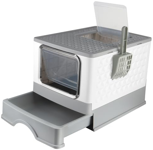Gran Casa de Baño Plegable para Gatos, Bandeja de Cajón y Pala de Arena, Portátil, Bandeja de Arena Cerrada con Compartimento Inferior Extraíble para una Fácil Limpieza 52 * 39 * 39cm - Gris