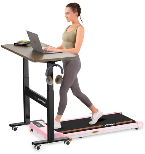 HitGo Mobile Standing Desk with Wheels, 32 inch Pneumatic Height Adjustable Desk for Walking Pad, Small Rolling Computer Workstation, Portable Sit Stand Desk for Home Office, 28-43 Tall, Mahogany