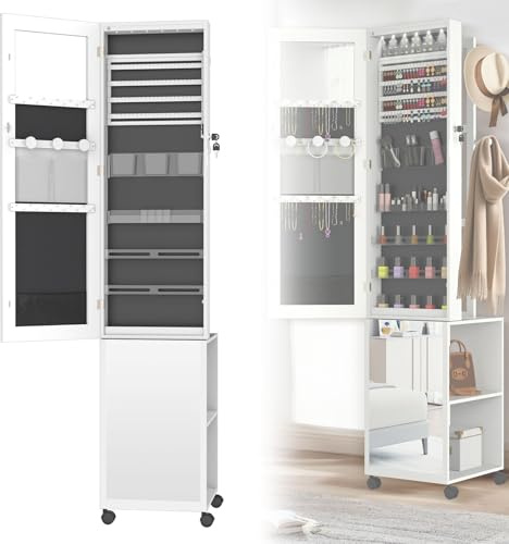 ACXIN Schmuckschrank mit Spiegel LED Beleuchtung und Rollen Make Up Organizer Standspiegel Ganzkörperspiegel Schmuckaufbewahrung Schrank mit Rollen für Ringe Halsketten Armbänder, Weiß