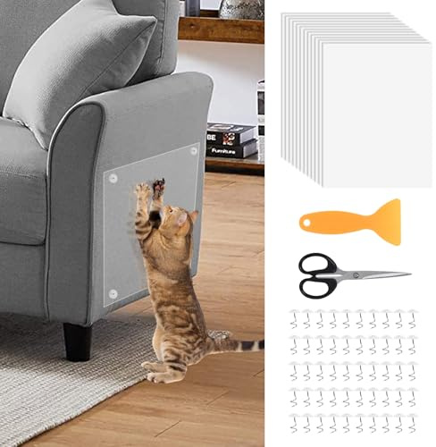 12 PCS Anti-Cat Scratch Furniture Protector with Pins, Designed for Leather Furniture, Anti Scratch Cat Couch Protector from Cats Claws with Scissors and Scraper, Cats Scratch Deterrent for Furnitures