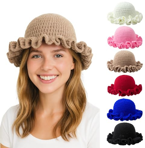 Kunyeah Chapeau bob en crochet pour femme et fille - Chapeau de pêcheur à bord à volants - Joli bonnet en tricot souple bohème fait à la main, kaki, Taille unique