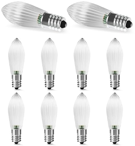 AGOTD E10 LED Glühbirne Kerze, LED Ersatzbirne 0.2W ersatz 1W Riffelkerze, Warmweiß 2200K Schwibbogen, 5-55V für Lichterbogen, Adventsleuchter, Lichterkette, 10 Stück