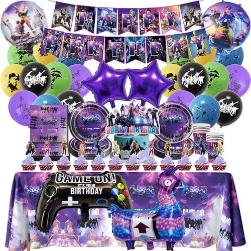 Kindergeburtstag Partygeschirr Party Birthday Decorations Boys-Game Tableware Set Foil Balloons Video Game Party Supplies Birthday Banner Plates Napkins Cake Toppers Latex Balloons for Kids