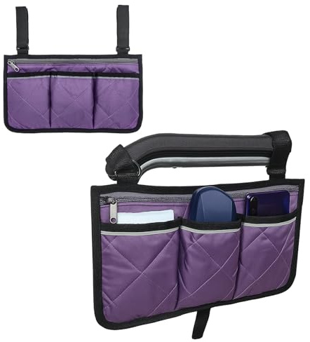 Borsa Sedia Borsa per Carrozzina Disabili Borsa di Stoccaggio per Bracciolo Con 3 Scomparti E Strisce Riflettenti Adatta Alla Maggior Parte Delle Sedie a Rotelle Deambulatori O Rollator (Viola)