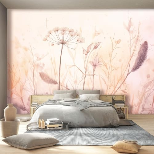 Carta da parati Eleganti Fiori Selvatici Acquerellati, 200 x 140 cm Carta da parati fotografica personalizzata in tessuto non tessuto per soggiorno e cameretta dei bambini, Rosa Chiaro