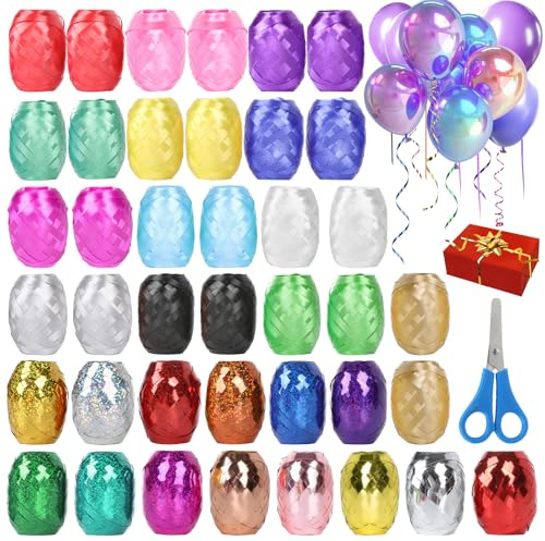 40 Rollen Geschenkband Set, Ringelband Bunt, 5mmx10m Curling Ribbon Rolle, Bunte Bänder mit 1 Schere für Hochzeiten Geburtstage Feiertage Geschenkverpackung Luftballon