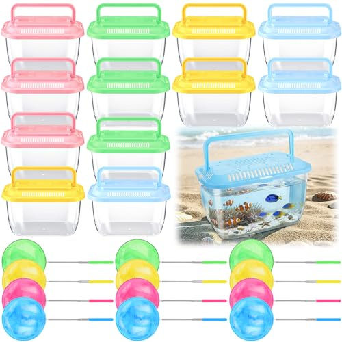 24 Pcs Plastic Fish Bowls with Ventilated Lids and Fishing Nets Bulk Set Include 12 Fish Bowl with Handle and 12 Fishing Nets for Collecting Fishes Crabs Sea Creatures for Summer Beach Party Favors