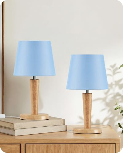 GOEBLESON Nachttischlampe aus Holz 2er Set, Blau Tischlampe mit Leinen Lampenschirm, E27 Fassung mit Birne, 3000K/4000K/6500K, für Wohnzimmer, Schlafzimmer, Fensterbank ZMU13TLDP205