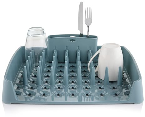 Minky Dish Drying Rack & Cutlery Holder Grey, Space-Saving Dish Rack with a Large Capacity for Kitchen Counter, Durable Drying Rack for Dishes and Utensils, Made in The UK (Olivine)