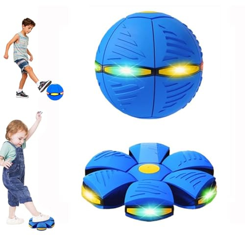 Flanliy Magischer Hüpfball Kinder, Fliegende Untertasse Spielzeugball mit 2 Frei Wechselbaren Formen und 6 Lichtern, Transformierbar Hüpfball geeignet für Eltern-Kind-Interaktion (Blau)
