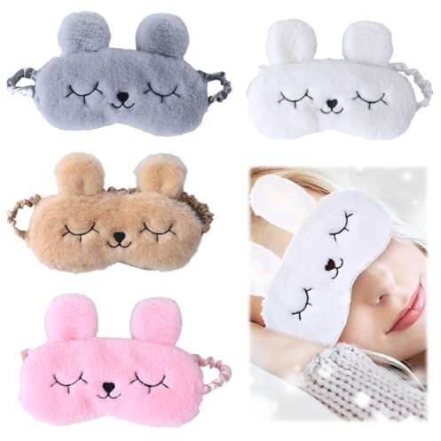 4 pezzi maschere per dormire divertenti per donne e bambini, morbida benda per bambine, maschera in peluche a forma di cartone animato, adatta per pisolini, viaggi, regali per bambini (coniglio)