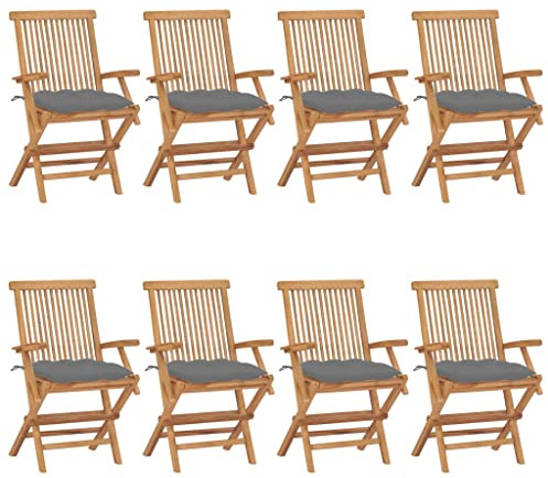 Mokuyary Trädgårdsstolar med grå kuddar, set om 8, massivt trä, teak, balkongstol, terrassstolar, matstolar för terrass, trädgård, balkong – A