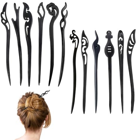 12 Pcs Chinese Hair Pin for Women, Vintage Wooden Hair Sticks, Styling Hairpin Accessories for Girls Women Everyday Wear, Black
