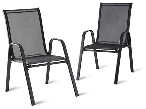 Relaxdays Gartenstühle, 2er Set, Hochlehner, Armlehnen, stapelbar, bis 150 kg, Polyester, Metall, Stapelstuhl, anthrazit